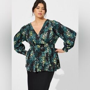Torrid Satin Surplice Tie Cut Out Back Long Sleeve Blouse M/L
